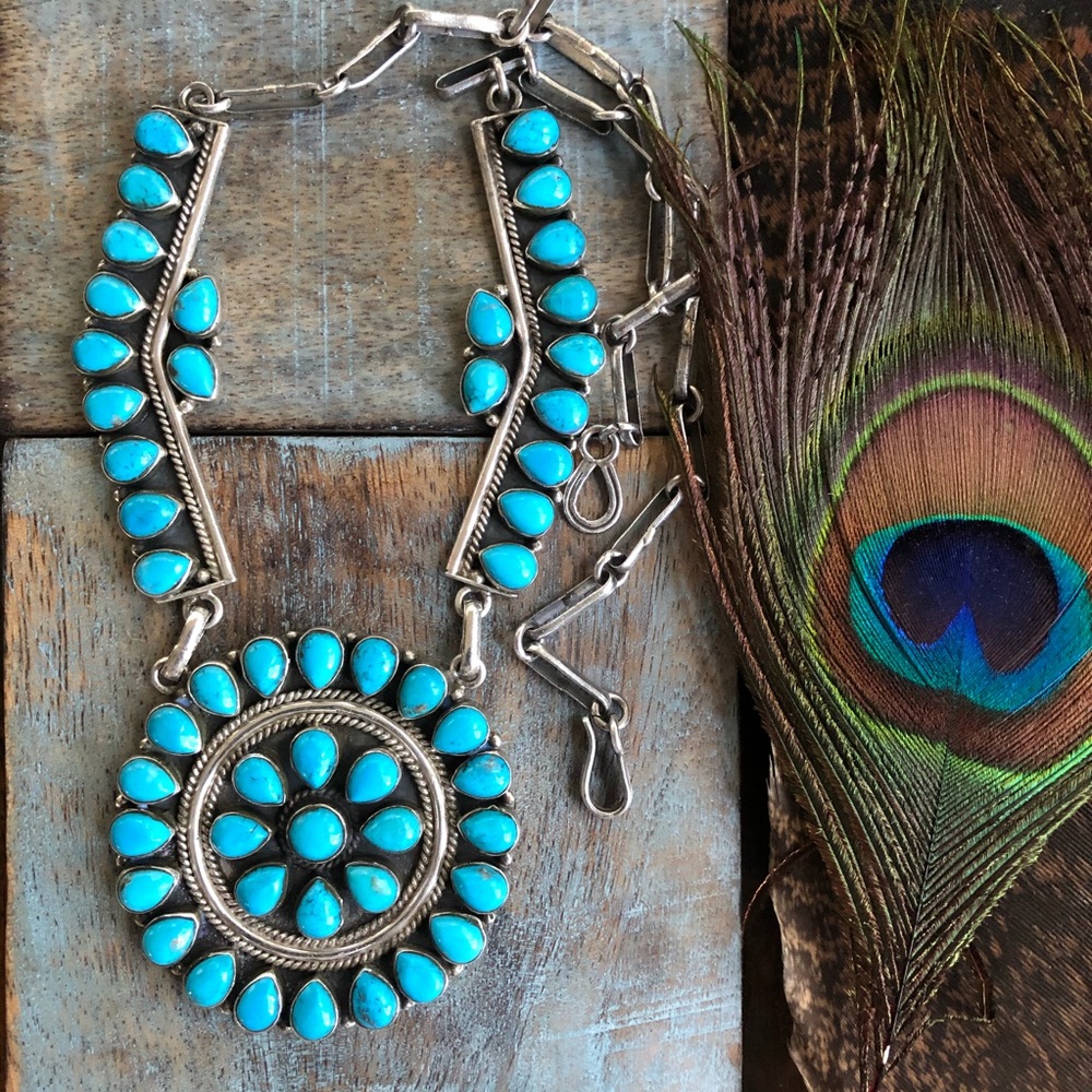 Sterling Petit Point Cluster Necklace Elaborate  Native American Turquoise